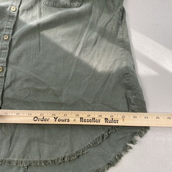 Foxcroft Top Womens 14 Green Tencel Lyocell Chambray Button Up Fringe Hem Grunge - Picture 9 of 12